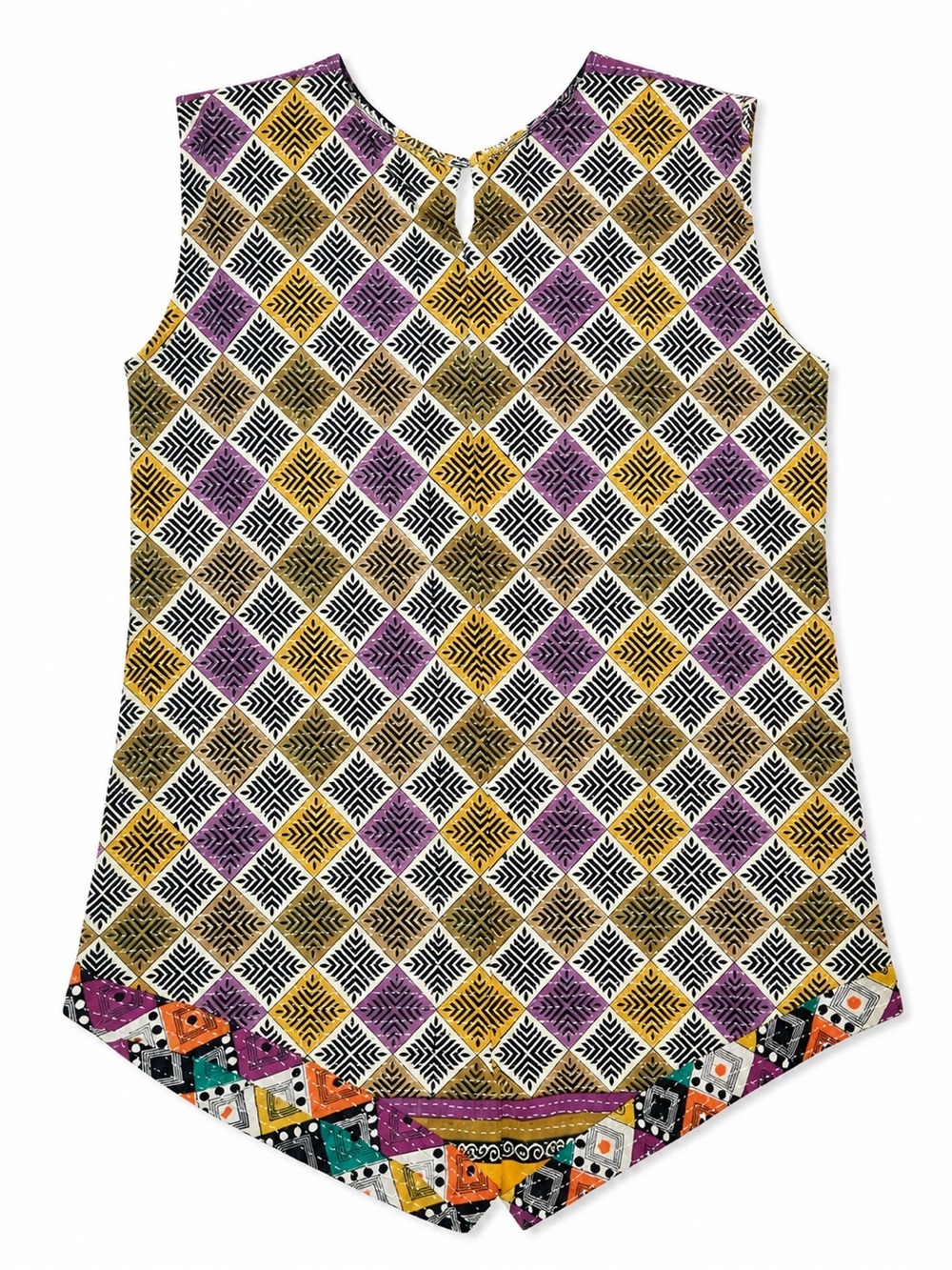 Geometric Print Sleeveless Romper in Yellow, Purple & Black OS but is large/XL